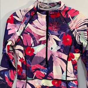 Tropical print rash guard bathing suit